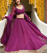 Purple Zari And Cording Lace Work With Leheriya Printed Georgete Designer Lehenga Choli For Bride