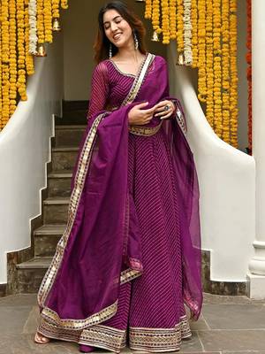 Purple Zari And Cording Lace Work With Leheriya Printed Georgete Designer Lehenga Choli For Bride 4