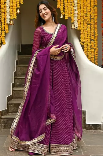 Purple Zari And Cording Lace Work With Leheriya Printed Georgete Designer Lehenga Choli For Bride