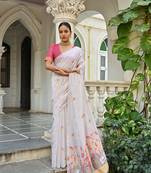 White Cotton Blend Flower butti threads work Muga cotton style saree With Blouse