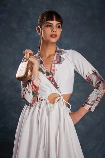White cityscape printed maxi dress