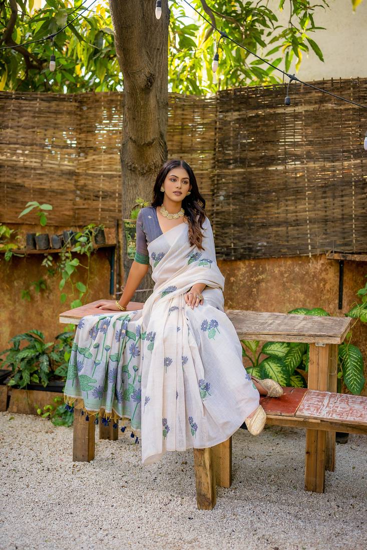 White Cotton Blend Flower butti threads work Muga cotton style saree With Blouse