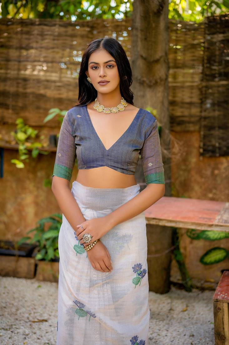 White Cotton Blend Flower butti threads work Muga cotton style saree With Blouse