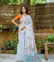 White Cotton Blend Flower butti threads work Muga cotton style saree With Blouse