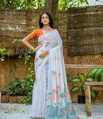 White Cotton Blend Flower butti threads work Muga cotton style saree With Blouse