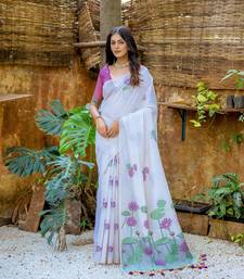 White Cotton Blend Flower butti threads work Muga cotton style saree With Blouse