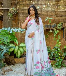 White Cotton Blend Flower butti threads work Muga cotton style saree With Blouse