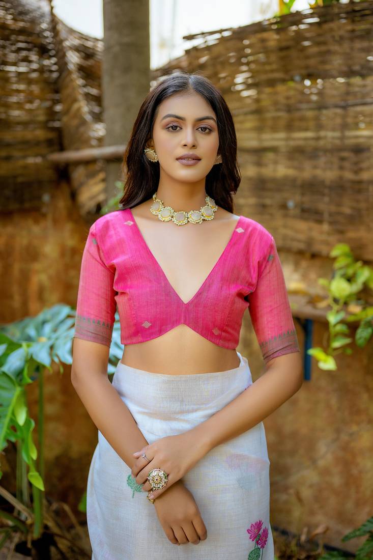 White Cotton Blend Flower butti threads work Muga cotton style saree With Blouse