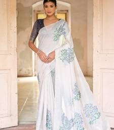 White Cotton Blend Geomatrici threads work Muga cotton style saree With Blouse