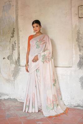 White Cotton Blend Geomatrici threads work Muga cotton style saree With Blouse 1
