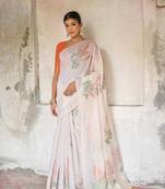 White Cotton Blend Geomatrici threads work Muga cotton style saree With Blouse