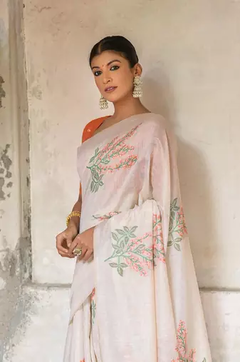 White Cotton Blend Geomatrici threads work Muga cotton style saree With Blouse