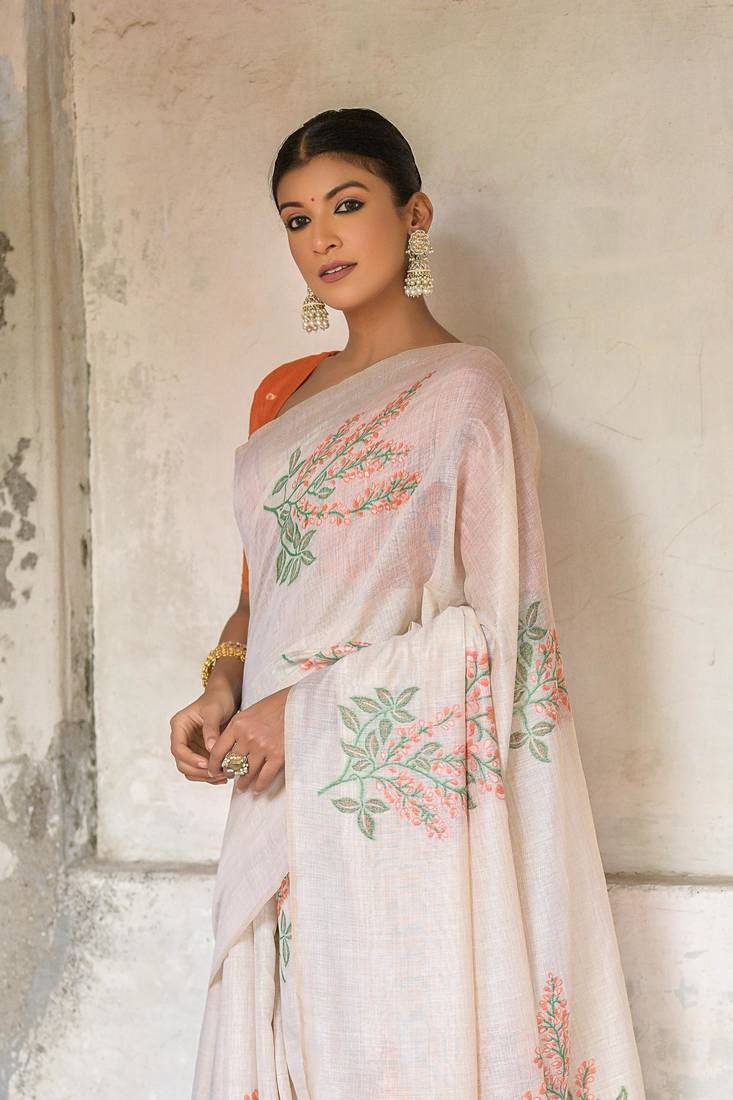 White Cotton Blend Geomatrici threads work Muga cotton style saree With Blouse