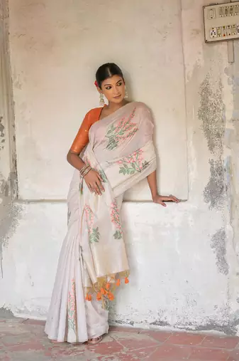 White Cotton Blend Geomatrici threads work Muga cotton style saree With Blouse