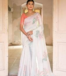 White Cotton Blend Geomatrici threads work Muga cotton style saree With Blouse