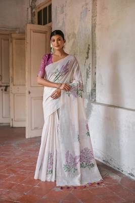 White Cotton Blend Geomatrici threads work Muga cotton style saree With Blouse 1