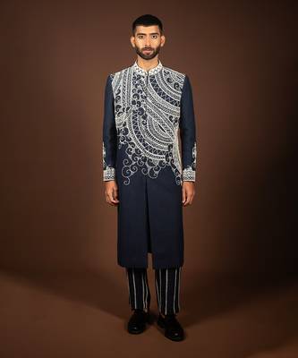 Navy blue linen sherwani 1