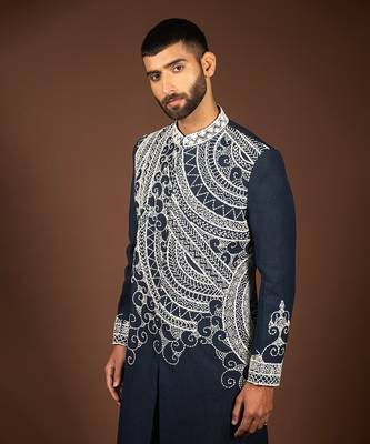 Navy blue linen sherwani 2
