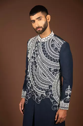Navy blue linen sherwani