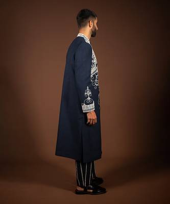 Navy blue linen sherwani 3