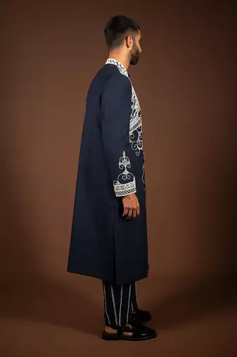 Navy blue linen sherwani