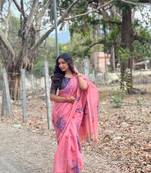 Pink Soft Cotton Blend Saree With Zari Weaving Pallu & Border With Blouse