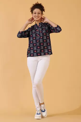 Dark Blue Rayon Short Kurti For Women