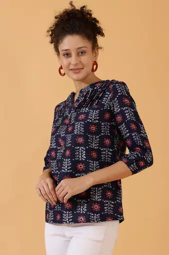 Dark Blue Rayon Short Kurti For Women