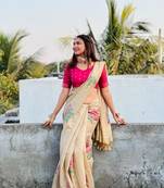 Cream Soft Cotton Blend Saree With Zari Weaving Pallu & Border With Blouse