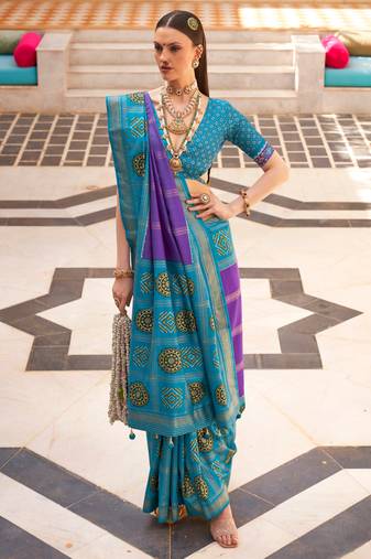 Violet Silk Printed With Jacquared Woven Work Saree With Blouse