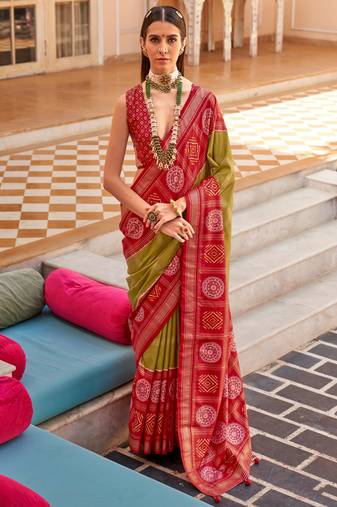 Mehendi Silk Printed With Jacquared Woven Work Saree With Blouse