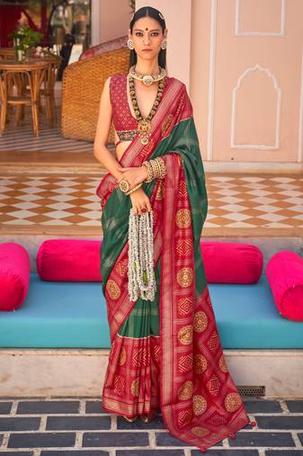 Bottle Green Silk Printed With Jacquared Woven Work Saree With Blouse