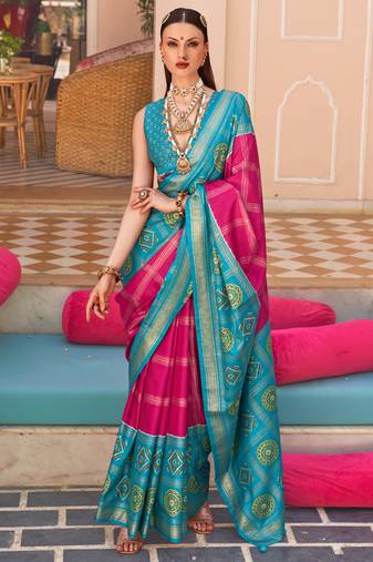 Rani Pink Silk Printed With Jacquared Woven Work Saree With Blouse