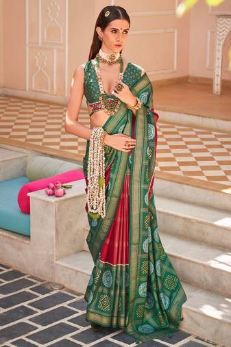 Red Silk Printed With Jacquared Woven Work Saree With Blouse