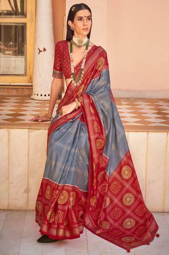 Grey Silk Printed With Jacquared Woven Work Saree With Blouse