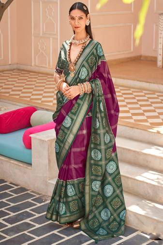 Purple Silk Printed With Jacquared Woven Work Saree With Blouse