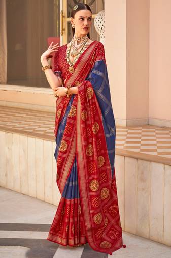 Navy Blue Silk Printed With Jacquared Woven Work Saree With Blouse