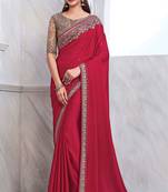 Rani Pink Chiffon Silk Heavy Thread Embroidery Sequins Work Lace Border Saree With Embroidery Blouse Saree With Blouse