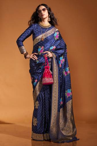 Royal Blue Satin Silk Multicolor Flower Jacquard Woven Saree With Blouse