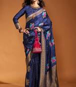 Royal Blue Satin Silk Multicolor Flower Jacquard Woven Saree With Blouse