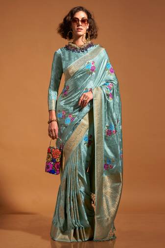 Mint Satin Silk Multicolor Flower Jacquard Woven Saree With Blouse