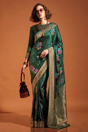 Bottelgreen Satin Silk Multicolor Flower Jacquard Woven Saree With Blouse