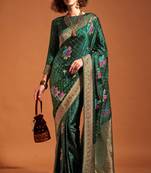 Bottelgreen Satin Silk Multicolor Flower Jacquard Woven Saree With Blouse