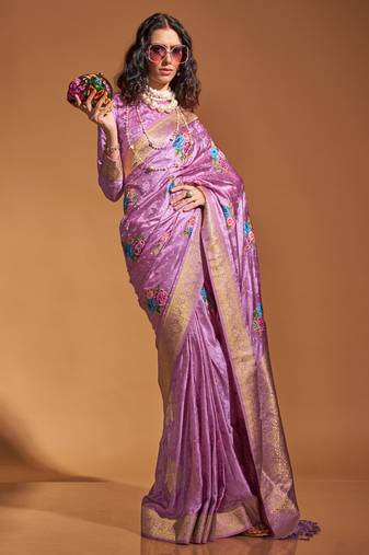 Lavender Satin Silk Multicolor Flower Jacquard Woven Saree With Blouse