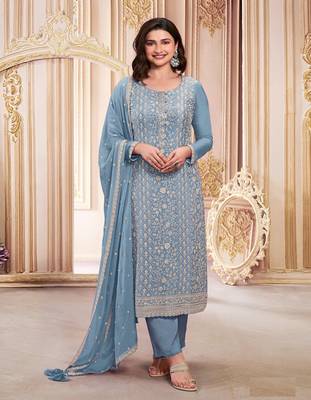 Sky embroidered georgette semi-salwar suit 1