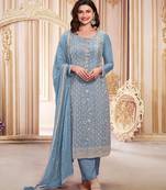 Sky embroidered georgette semi-salwar suit