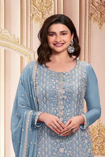 Sky embroidered georgette semi-salwar suit