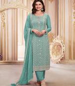 Teal green embroidered georgette semi-salwar suit
