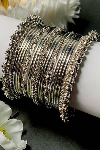 I jewels navratri silver oxidised bangle set for women