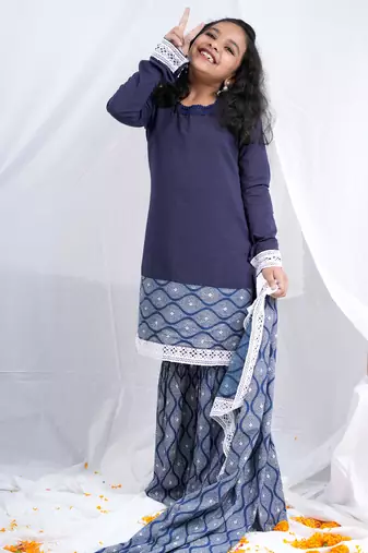 indigo full sleeves kurta, paired with indigo block printed sharara